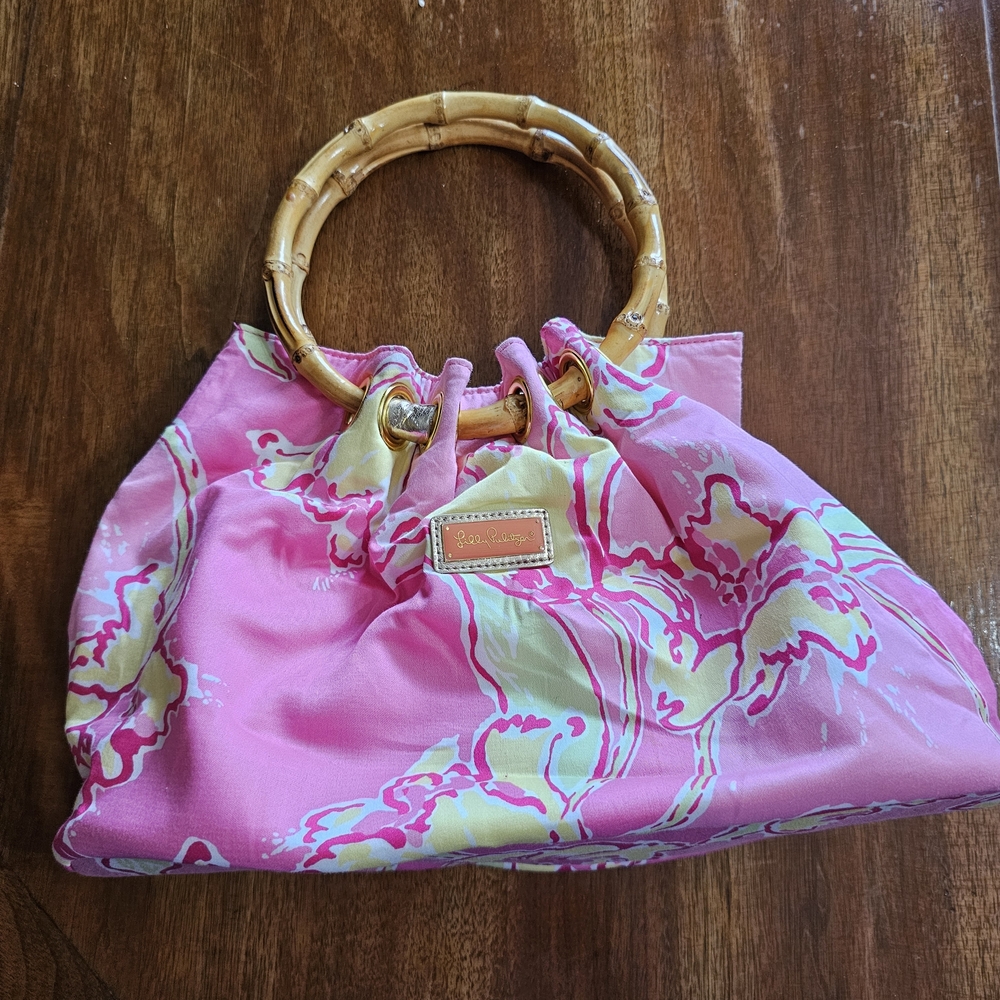 Lilly Pulitzer Pink and Yellow Tote with Bamboo Handles - Picture 2 of 9